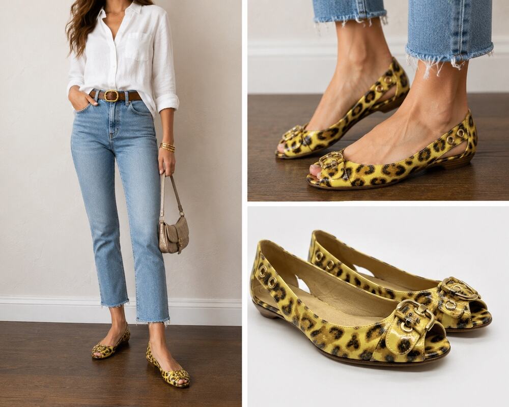 Stuart Weitzman Womens 7 SS Yellow Leopard Print Patent Leather Peep Toe Flats